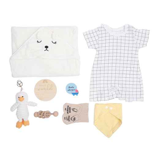 Panier de cadeaux pour nouveau-né en bois et coton bio pour un coffret de naissance chic
