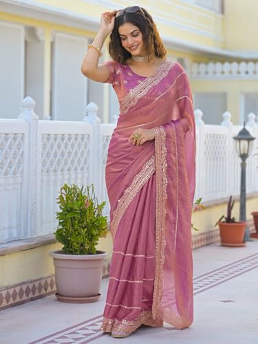 Image of Satrani Women's Shimmer Chiffon Scalloped Border Sequins Embroidery Saree with Unstitched Blouse Piece