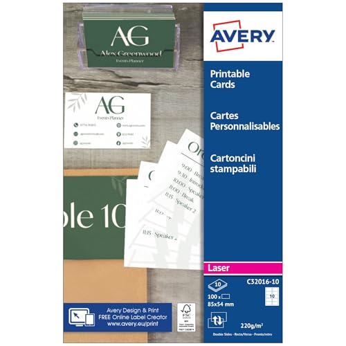 AVERY - Pochette de 100 cartes de visite à bords lisses imprimables recto/verso. En carte blanche...
