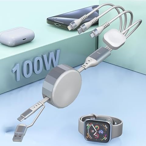 Upgraded 4 in 2 Multi Charging Cable for Apple Watch Charger,100W Retractable Fast Charging Cable for iPhone iPad iWatch Charger,Compatible with iWatch Series 10-1/iPhone 16/15/Galaxy Android 4FT Cover