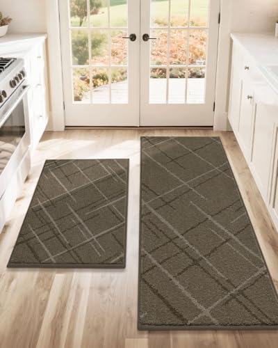 COSY HOMEER Kitchen Rugs,2 PCS Kitchen Mats Non Slip Washable,Brown