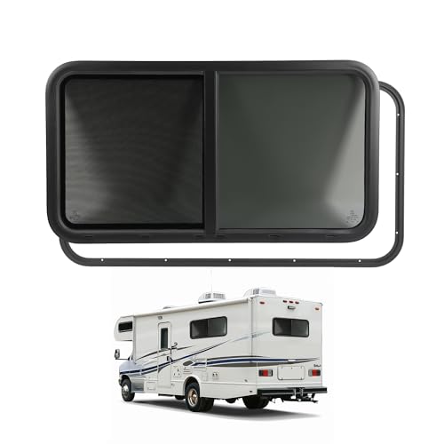 Wutist 42" W X 22" H RV Window W/ Trim for 1.5" Wall and Net Screen Horizontal Sliding Teardrop Window 1PC Black Powder Coated Tempered Glass