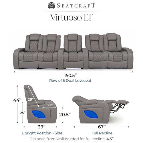 Image of Seatcraft Virtuoso LT Gray Italian Leather Home Theater Seating, Zero Gravity Power Recliner, Heat and Massage, Powered Headrest and Lumbar Gaming and Home Office Chair, Row of 5 Dual Loveseats