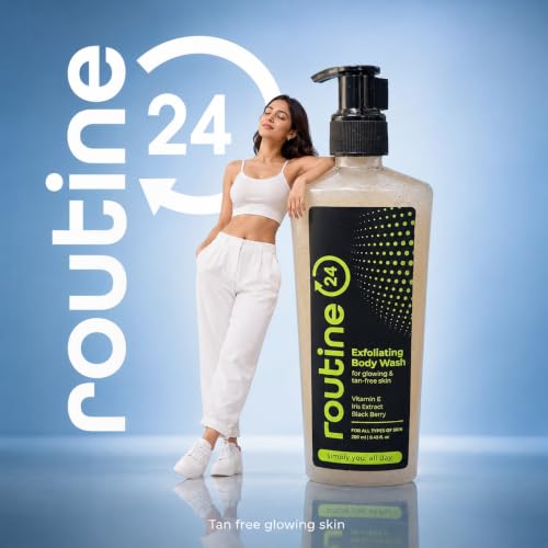 Image of Routine 24 Exfoliating Body Wash for Glowing & Tan-Free Skin 250ml | Vitamin E & Iris Extract, Blackberry Infused, All Skin Types, Daily Cleanser, Pump Dispenser