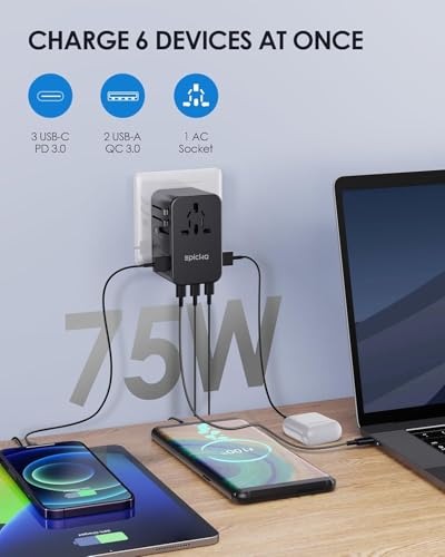 EPICKA Universal Travel Adapter, GaN 75W International Plug Adapter with 3 USB-C PD Fast Charging & 2 USB-A Quick Charging Adaptor All-in-one Wall Charger for USA EU UK AUS (TA-105 Max, Black) - Thumbnail 3
