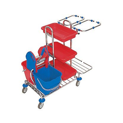 Splast Putzwagen mit Ablagefächern, Moppresse, Eimern und 2x 70l Beutelrahmen