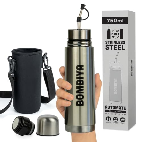 Mate listo 750ml con todas sus partes de acero inoxidable – Termo mate 2 en 1 cambiando su tapa es un termo clásico – Automate para tus mates argentinos o terere (Plateado)