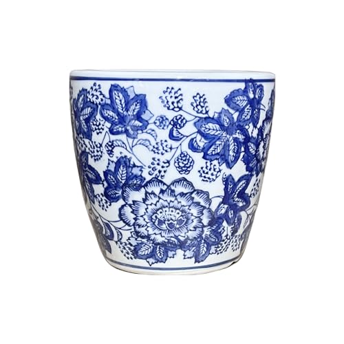 8 D Beautiful Oriental Peonies Flowers & Leaves Blue & White Ceramic Planter Pot