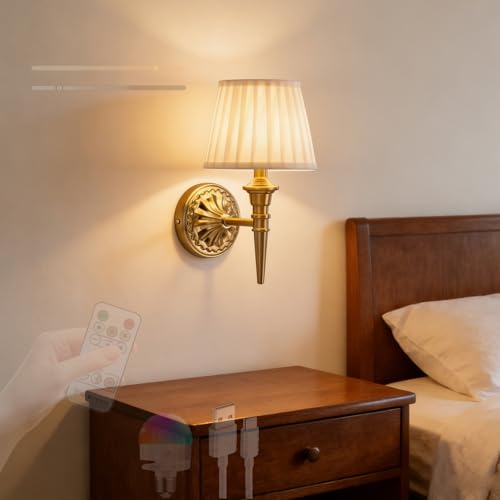Apliques de pared LED recargables con mando regulable y pantalla de tela en bronce de 1 pieza
