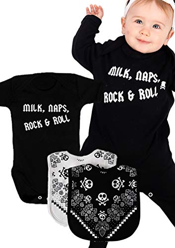 Rock N Roll Set de regalo para bebé niños o niñas | Funny Milk, Naps, Rock & Roll | (4 piezas) traje de música, bebé Grow & baberos – Unisex Baby Shower Regalo | Baby Moo's (0-3 Meses)