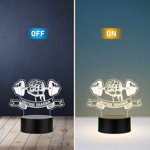 Image of 3D Illusion Gym Theme Hand with Weight Fitness Led Desk Table Lamp | Personalized with Name | Gift for Gym Lover & Gym Trainer | Warm White Light & USB Powered