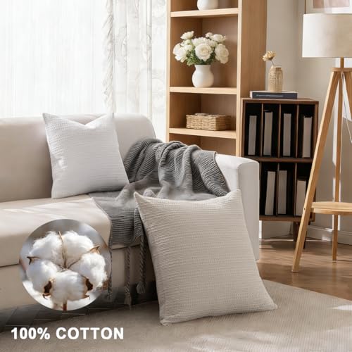 Image of 100% Cotton Throw Pillow Covers 24x24 Set of 2 Soft Breathable Euro Shams Square Cushion Case for All Seasons Decorative Pillowcase for Sofa Couch Bedroom,White