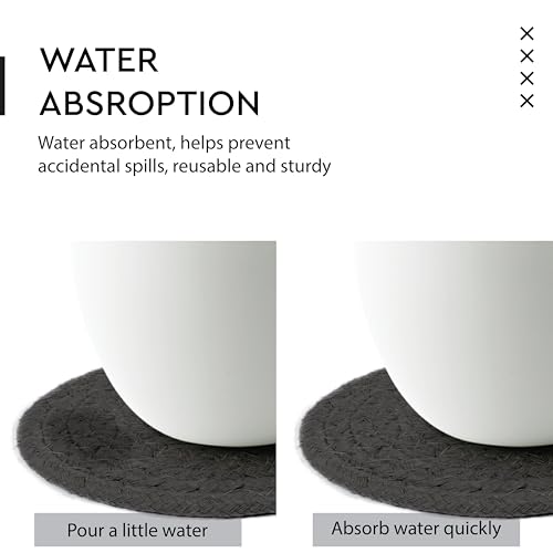 Image of Encasa XO Drink Coasters Set of 6 | Dark Grey with Round (9 cm) | Handcrafted Ribbed Cotton | Absorbent & Heat-Resistant | Use for Tea, Coffee Table & Desk