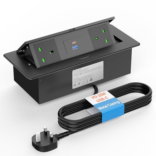 Recessed Desk Power Socket with USB C PD 20W Metal Hidden Pop Up Socket 2 AC Outlets with USB A Alpheus Desktop Power Socket for Kitchen Worktops Conference Tables Home Office 1.8 m Cable 13A