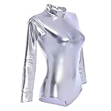 Women Shiny Metallic Long Sleeve Leotard Mock Turtleneck One Piece Bodysuit for Gymnastics Ballet Dance Silver, X