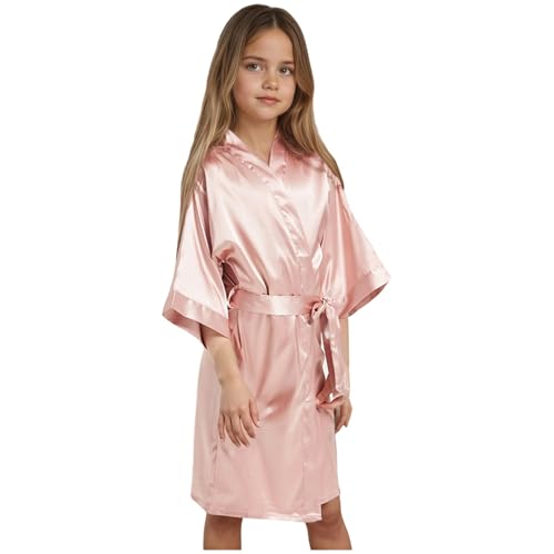 Genérico Bata tipo kimono de satén para niñas, ideal para spa, bodas, cumpleaños, fiestas infantiles. (Khaki, 11-12 Years)