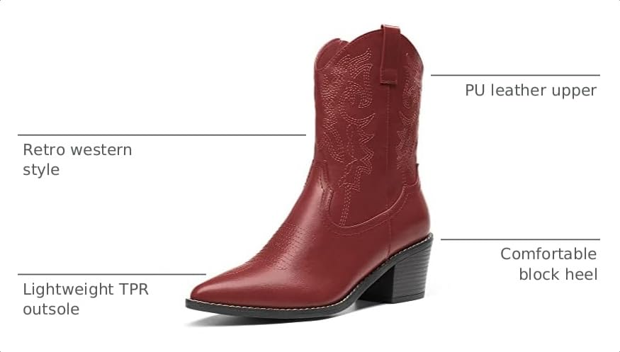Image of DREAM PAIRS Women's Cowboy Boots, Pointed Toe Chunky Heel, Zipper Pull-On Stitched Western Ankle Boots