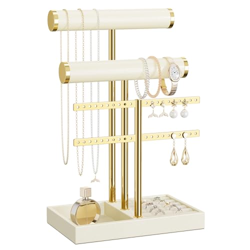 bussdis 3 Tier Bracelet Holder Display - Beige Leather Bracelet Holder, Detachable T Bar Jewelry Holder Organizer for Bracelet, Necklace, Earrings, Rings, Watches, Bangle