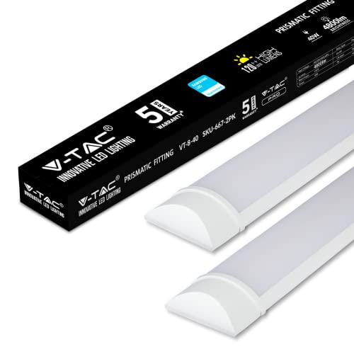 V-TAC LED Batten Light | 40W 4Ft LED Tube Lights 6400K White | Wall and Ceiling Batten Light | Shed Light, Kitchen and Garage Lighting | 4Ft - 120cm Samsung LED Tube Light [Pack of 2]