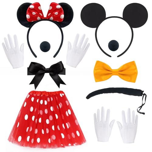 ATOWORLD Mouse Kostüm Damen Erwachsene mit Tutu Rock Rot Ohren Haarreif Nase Handschuhe Schleife Halloween Karneval Mini Mouse Maus Kostüm Damen Frauen Erwachsene für Fasching