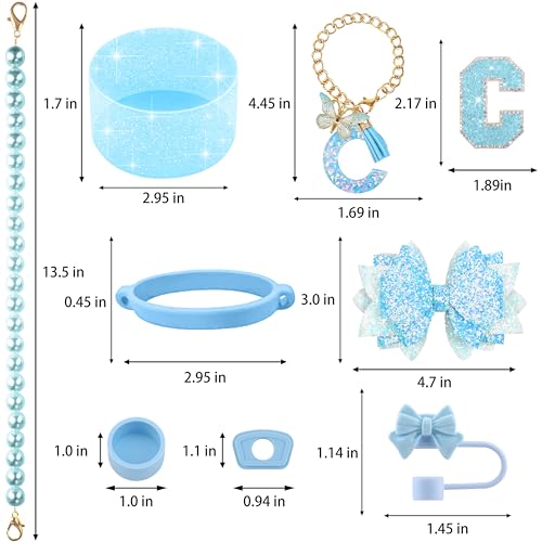 Hpebl 9PCS Blue for Stanley Cup Accessories Set Bling Initials Bow Charms for Stanley Decorations 30/40 Oz Tumbler Accessories Including Bow Straw Topper, Handle Strap, Spill Stopper（Letter C） - image 3