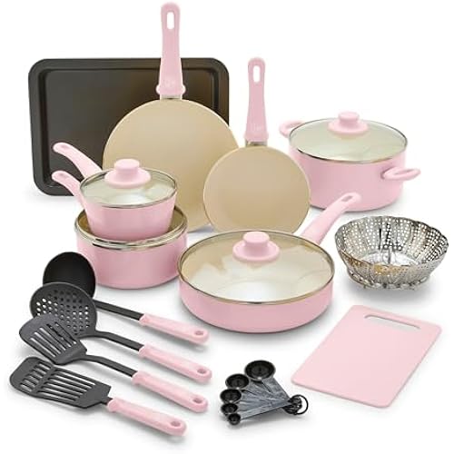 GreenLife Soft Grip Healthy Ceramic Nonstick 18 Piece Kitchen Cookware Pots and Frying Sauce Saute Pans Set, PFAS-Free with Kitchen Utensils and Lid, Dishwasher Safe, Soft Pink