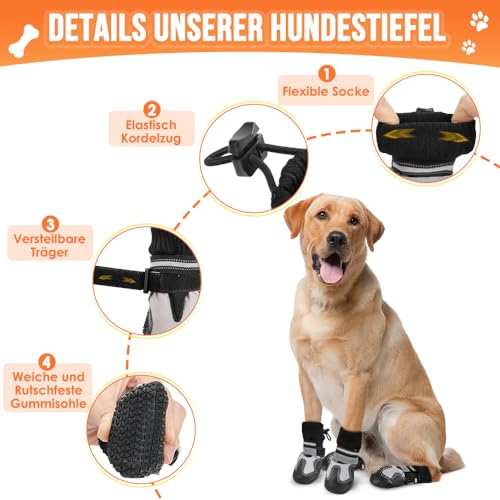 Eyein Hundeschuhe Pfotenschutz Winter, 4 Stück Wasserabweisend Windschutz Hundeschuhe mit warmem Fleece und hohem Design, Reflektierende und rutschfeste Hunde Schuhe Outdoor (Größe 2, Weiße Nähte)