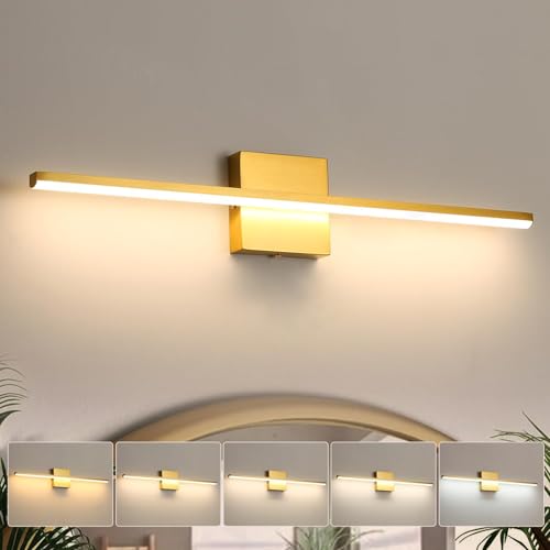 Image of Modern Bathroom Vanity Light 24 Inch, 18W Brushed Gold Bathroom Light Fixture Over Mirror, Dimmable 5CCT LED Wall Sconce Lighting for Restro