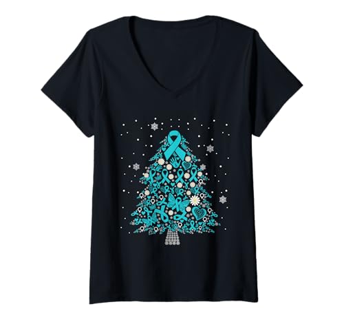 Womens Ovarian Cancer Awareness Christmas Tree Teal Ribbon V-Neck T-Shirt