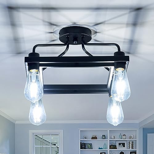DAFKOS Industrial Semi Flush Mount Ceiling Light Fixture 4-Lights Black Matte Modern Sputnik Chandelier Vintage Ceiling Light with E26 Base for Farmhouse Kitchen Bedroom Living Room Dining Room