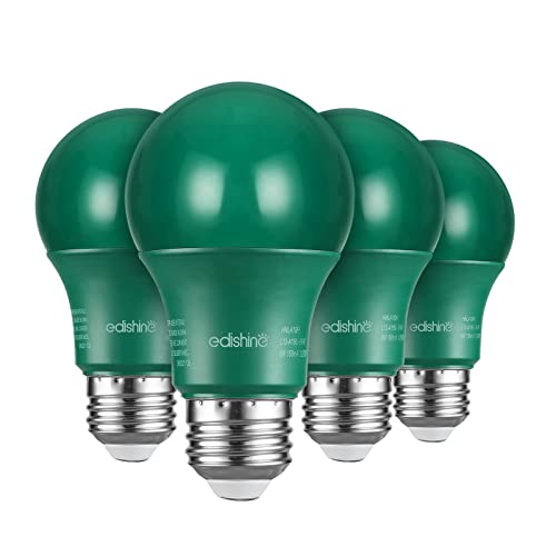 EDISHINE 4-Pack Green Light Bulb, A19 LED led Light Bulb 60W Equivalent, E26 Medium Base, 9W, Green Lights for Halloween, Christmas Decoration, Porch, Garden, Home Lighting, Non-dimmable, UL Listed