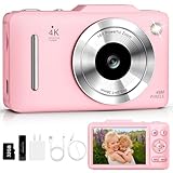 Digital Camera 4K Autofocus Vlogging Camera for Photography with 16X Zoom Anti Shake, 32GB Card, 48MP Compact Portable Point and Shoot Camera for Kids Boys Girls Teens Beginner（Pink）