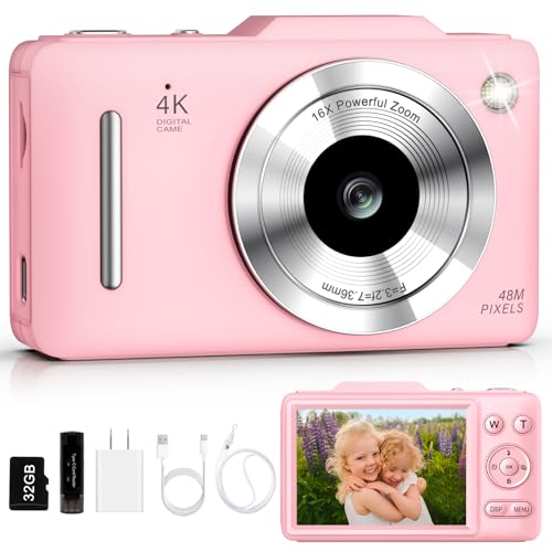 Digital Camera 4K Autofocus Vlogging Camera for Photography with 16X Zoom Anti Shake, 32GB Card, 48MP Compact Portable Point and Shoot Camera for Kids Boys Girls Teens Beginner（Pink）