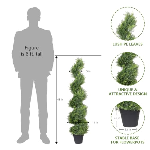 THE BLOOM TIMES 4ft Artificial Topiary Trees Set of 2, 48 inch Faux Cedar Cypress Spiral Topiary Trees Outdoor - Fake Plants for Garden Front Porch Indoor Outside Planter Decor 4 Foot