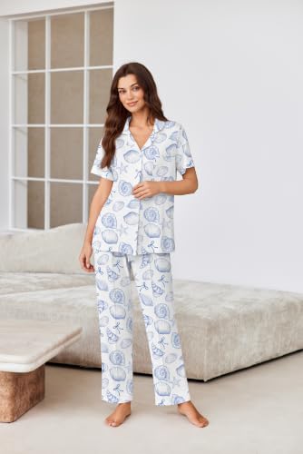 Image of Ekouaer Pajamas for Women Set Button Up Short Sleeve Pjs Sets With Pockets | Soft Womens Sleepwear,V Neck,Notch Collar,2 Piece Classic Loungewear With Long Pant for Sleep,Lounge,Fall