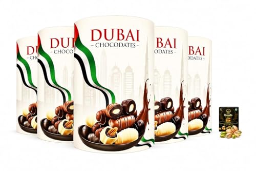 Dubai Chocodates, Chocolate Covered Dates with Nuts, Assorted Flavours, Gift Box 140g (Pack of 5), (From UAE) Get Flavourito Kunafa Chocolate 20g Absolutely Free From DECADENT FOODS