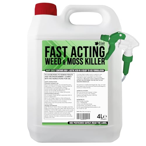 Elixir Gardens 4 Litre Fast Acting Glyphosate-Free Weed & Mosskiller | Organic & Natural Ready-to-Use Acetic Acid Formula (60g/l) | Results in 24 Hours | 4 L with Spray Head & Hose x 1