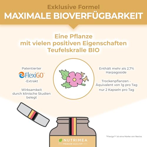 Teufelskralle Bio - FlexiGO™ Extrakt - Kapseln für Gelenke & Sehnen – Hochwertiger Patentierter Rohstoff - Reines Produkt - Hoher Gehalt an Harpagosiden - Vegan - Nutrimea - Premium Qualität
