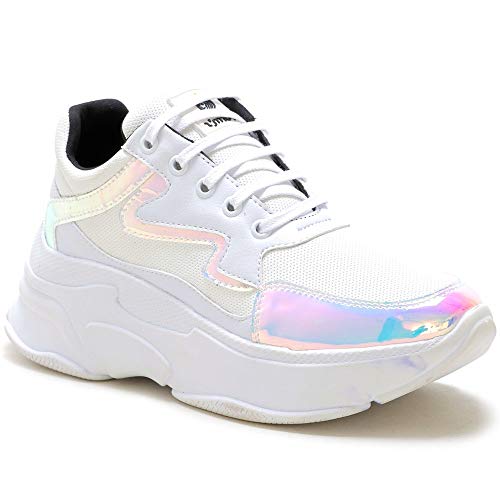 Tênis Sneaker Feminino Casual Conforto Macio leve Brilho Branco 37