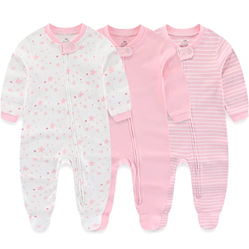 Image of MAMIMAKA Newborn Baby Boy Girls Clothes 2-Way Zip Footed Cotton Bodysuit 3-Pack Long Sleeve Outfits 0-12Months Baby Pajamas