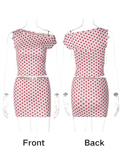 BAIMORE Women‘s Y2k 2 Piece Outfit Polka Dot Off Shoulder Top with Bodycon Mini Skirt Set4