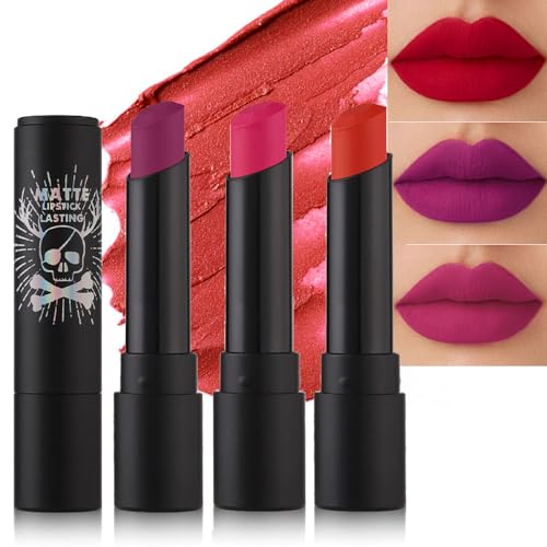 3Pcs Dark Red Bright Red Purple Silky Velvet Matte Lipstick Pack Sets for Women,Long Lasting Lipstick 24 Hour Waterproof Smudge Proof Lip Stain Makeup Kit 24 hours original
