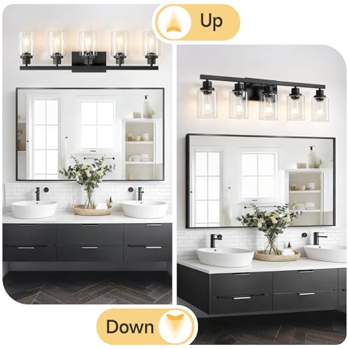 Image of 5-Light Black Bathroom Vanity Light, Modern Vanity Lighting Fixture for Bathroom, 31 inch Matte Light Fixture, Wall Sconces with Clear Glass Shade, Black Bathroom Wall Light Over Mirror