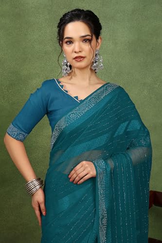 Image of MIRCHI FASHION Saree for Woman Georgette Solid with Satin Stripes | Stone Border Farewell and Ceremonial Sari with Blouse Piece