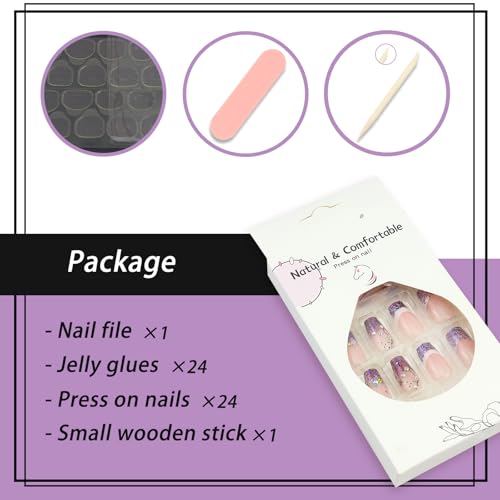 SEMATA Acrylic French Tip Press on Nails Medium Long Square Nails Press ons Coffin Purple Glitter Glue on Fake Nail with 3D Rhinestone Designs Artificial Stick on False Nail for Women 24Pcs — view 4