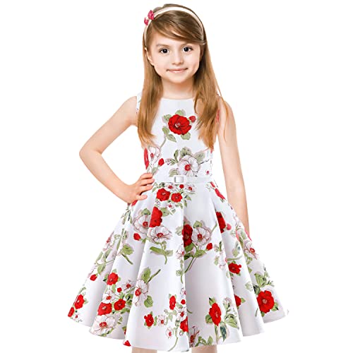 Hb Hbb Magic Girls Vintage Dress White Floral Dress Red Rose Flower 50S Retro Swing Kids Dresses Size 8 Sleeveless With White Belt #TOP21