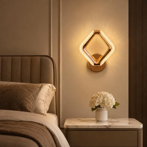 Image of fizzytech Crystal LED Wall Light, Modern Gold Finish Decorative Wall Lamp with 3 Colour Changing Modes for Living Room, Bedroom, Hallway & Home Decor (Diamond, Pack of 1)