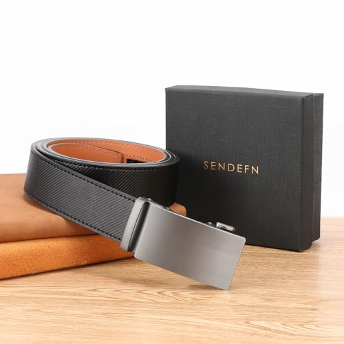 SENDEFN Men's Leather Belt Automatic Ratchet Buckle Slide Belt for Dress Casual Trim to Fit with Gift Box — view 5