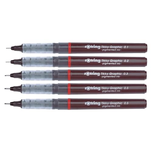 Image of Rotring 0.1mm, 0.2mm, 0.3mm, 0.5mm, 0.5mm Line Thickness Tikky Graphic Fineliner with Black Pigmented Lightfast And Water Resistant Ink For Long Life Drawings, Sketching, Non-Refillable, 5 Pen Set