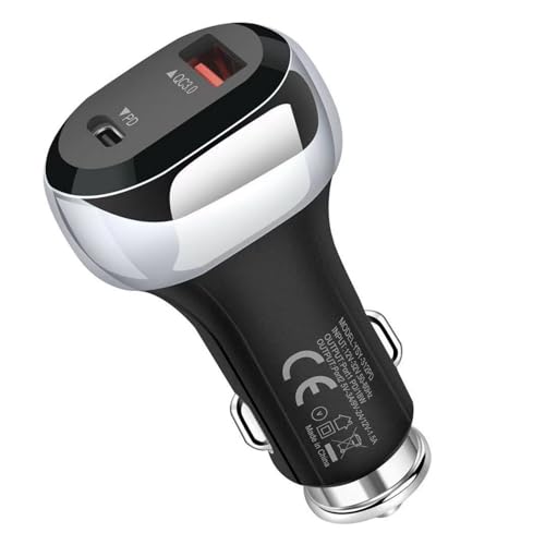 Cargador de coche USB C metálico de 36W con doble puerto mini color negro